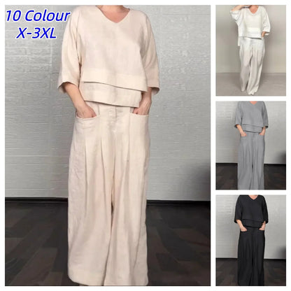 Casual Loose Irregular Cotton Linen Women's Top Set Spring Summer New Fashion Pocket Wide-leg Pants For Women Office 2-piece Set