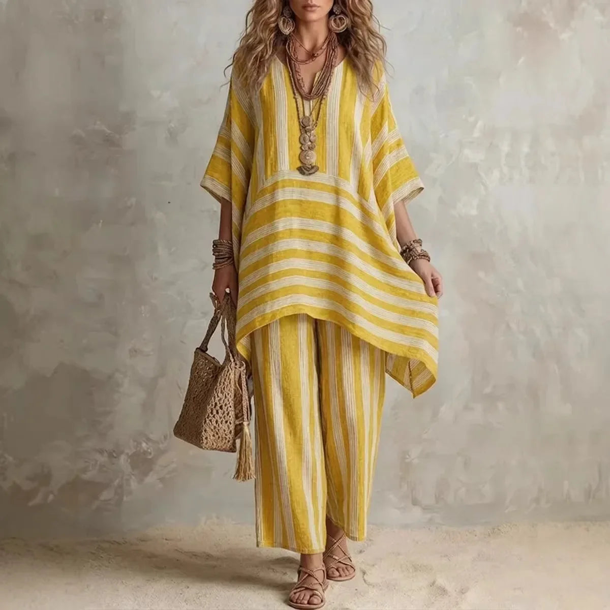 2026 New Women's Two Piece Spring/Summer Fashion V-neck Loose Striped Casual Set