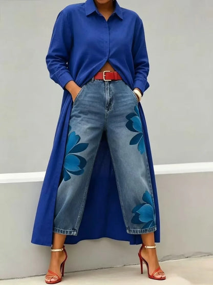 2026 New Fashion Floral Print Wide Leg Jeans Casual Cotton Denim High Waist Nine-Pants Trendy Plus Size Trousers High Street