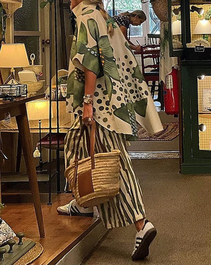2 Piece Sets Women Summer Print Loungewear Long Pants Sets 2025 Vintage Short Sleeve Shirt Loose Pants Suits Matching Set Outfit