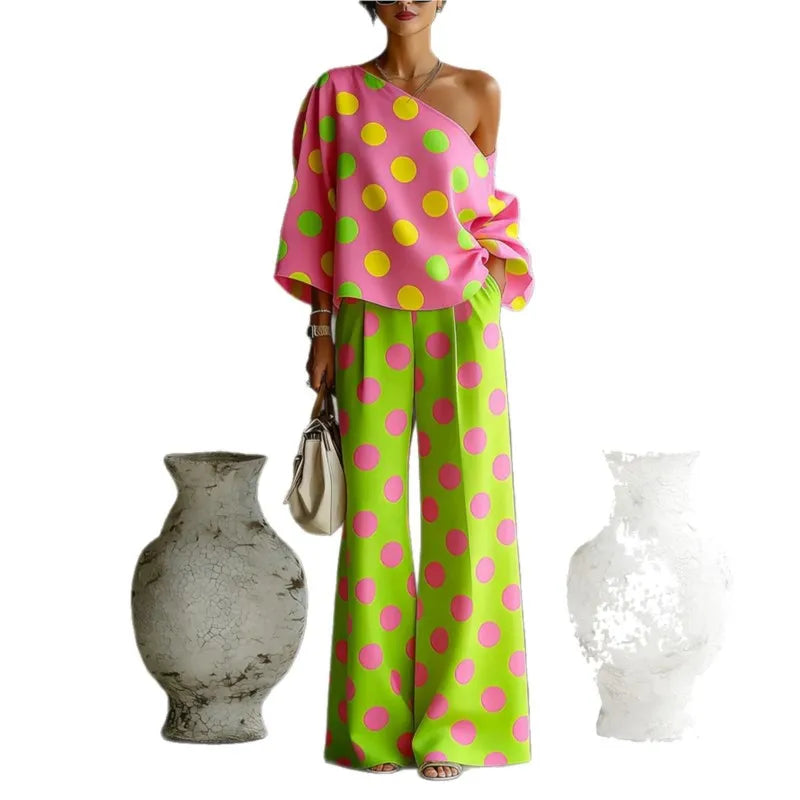 Bohemian Fashion Polka Dot Print Two-piece Set Woman's Foreign Style Slant Collar Top+wide Leg Pants Suit Lady Loose Fit Outfit