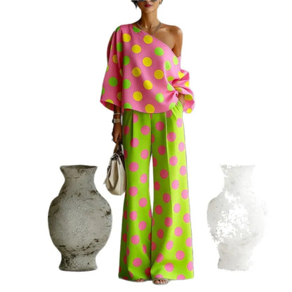 Bohemian Fashion Polka Dot Print Two-piece Set Woman's Foreign Style Slant Collar Top+wide Leg Pants Suit Lady Loose Fit Outfit