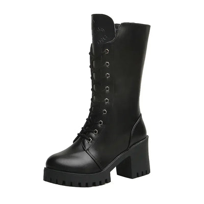 Winter Women's Boots 2025 New Thick Heel Lace-up Boots Fashion Platform Women Shoes  Zipper Round Head Women's Boots for Autumn