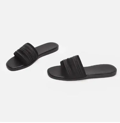 2025 Summer Flat Slippers Open Toe Beach Wearing Slides Pleated Women Shoes Black 35-40