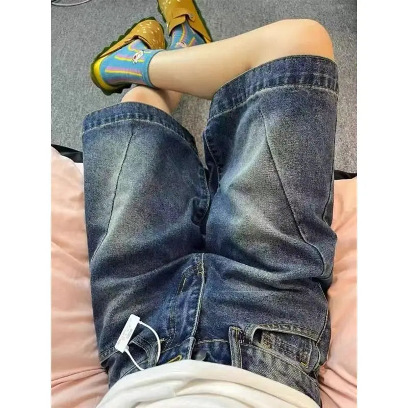 Blue Loose Wide Leg Denim Shorts Women's Summer New Design High Waist Loose Slim Straight Five-Quarter Pants