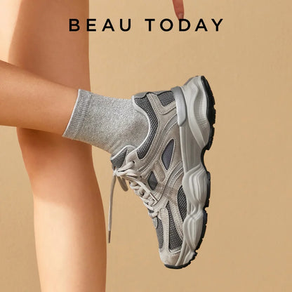 BEAUTODAY Chunky Sneakers Women Mesh Mixed Round Toe Lace-up Thick Sole New Breathable Ladies Sports Shoes Handmade HW29A14