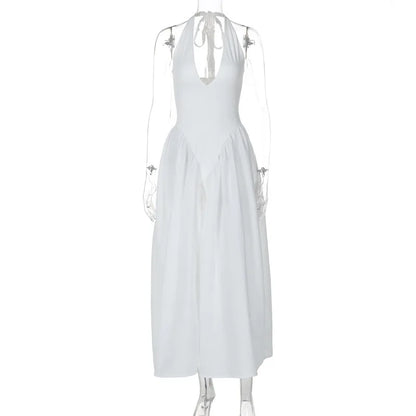Talenza Backless Deep V Spliced Long Dress Summer Women's Sexy Party Dress Halter New Fashion Slim White Sleeveless Long Dress