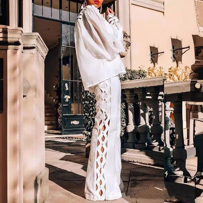 Plus Size Women's Elegant Two-Piece Set Ruffle Shirt White Long Sleeve Solid Blouse And Straight Side Hollow Out Long Pant Sets