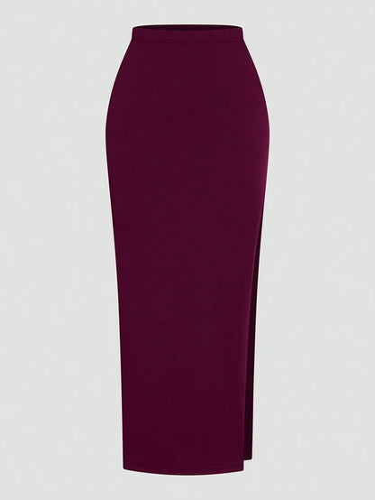 Plus Size Ms. Burgundy Sexy Romantic Urban Woman Sleeveless Neck Swing Neck Top + Split Half Skirt Long Skirt Two Piece Set