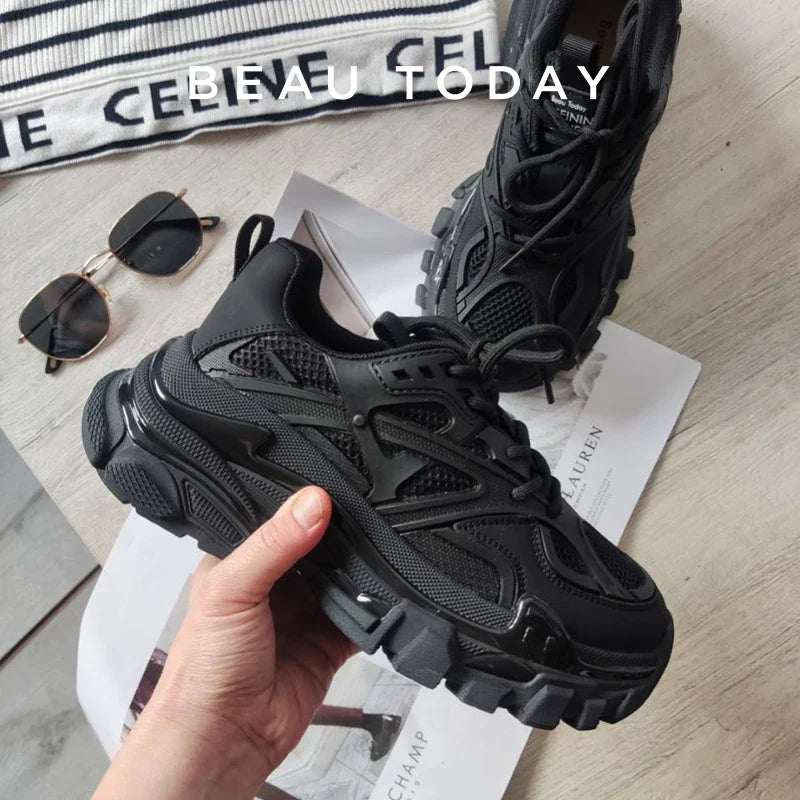 BeauToday Chunky Sneakers Women Synthetic Leather Mesh Patchwork Round Toe Lace-Up Thick Sole Ladies Sports Shoes Handmade 29448