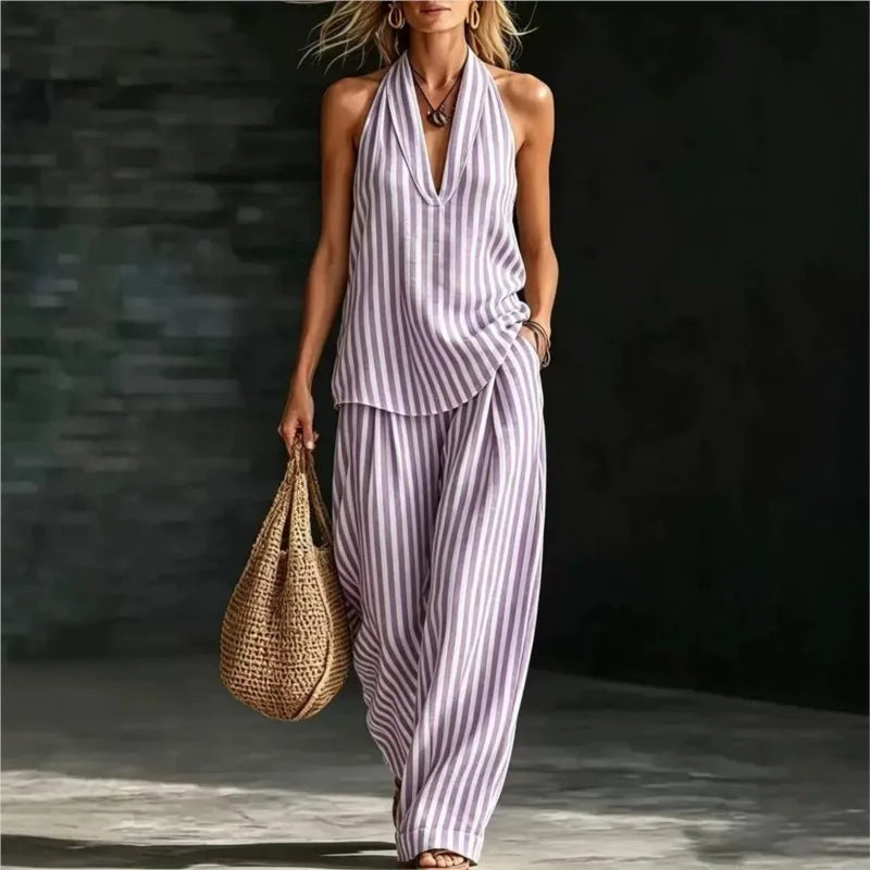 Women's Casual Two-piece Set Spring Summer Striped Wide-leg Pants Halter Top Cotton And Linen Two-piece Set For Women Clothing