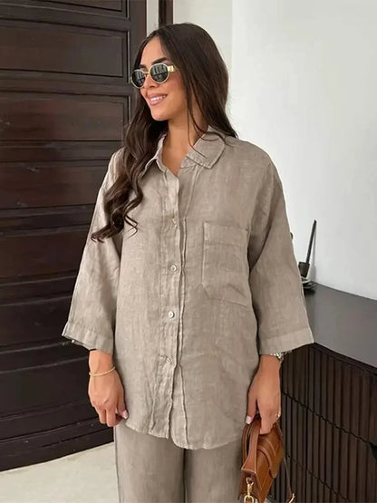 Women Elegant Lapel Pants 2 Piece Sets Chic Long Sleeves With Pocket Shirt Loose Wide Leg Trousers Sets 2025 Streetwear Outfit