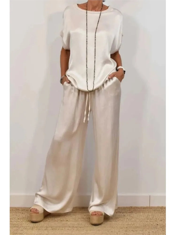 2-piece Set Fashion Satin O Neck T-shirt Top Trousers Summer Retro Elegant Casual Loose Wide-leg Pants Female Home Clothing Suit
