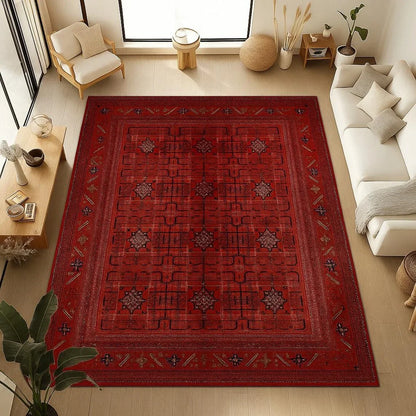Red Oriental Area Rug Washable Geometric Polyester Carpet Bohemian Ethnic Style, Household Bedside Mat