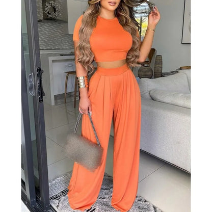 Spring Summer Flower Print Slim Suit Women Sexy O-Neck Short Sleeve Short T-shirt Top High Waist Wide Leg Pants Trousers Suit
