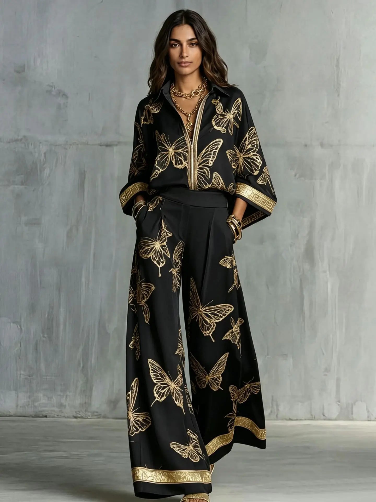 Fashion Set For Women Autumn 2026 New Loose Lapel Zipper Long Sleeve Coat Top Wide Leg Pants Two Piece Set Leisure Print Outfits
