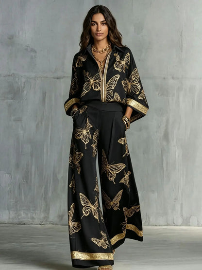 Fashion Set For Women Autumn 2026 New Loose Lapel Zipper Long Sleeve Coat Top Wide Leg Pants Two Piece Set Leisure Print Outfits