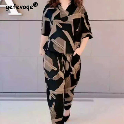 Casual Fashion Geometric Letter Printing Pant Sets Summer 2025 Short Sleeve V-Neck T-shirt Wide Leg Pants Slim Women's Clothing