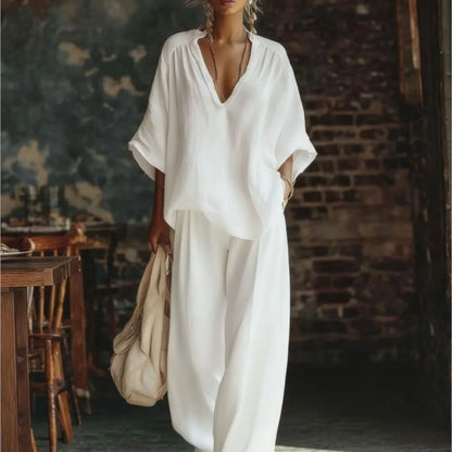 Fashion V-neck Short-sleeved Loose Top Women's Suit Summer New Casual Retro Female Vacation Lazy Trousers 2-piece Set 2026