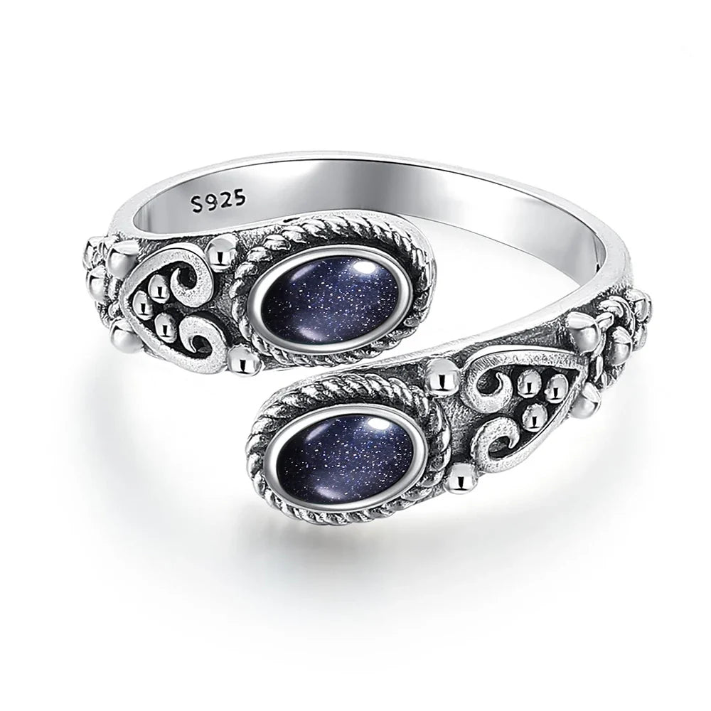 925 Vintage Silver Ring with Natural Moonstone 6*8mm Adjustable Rings Flower Bohemia Style Fine Jewelry for Women