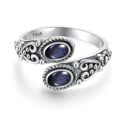 925 Vintage Silver Ring with Natural Moonstone 6*8mm Adjustable Rings Flower Bohemia Style Fine Jewelry for Women