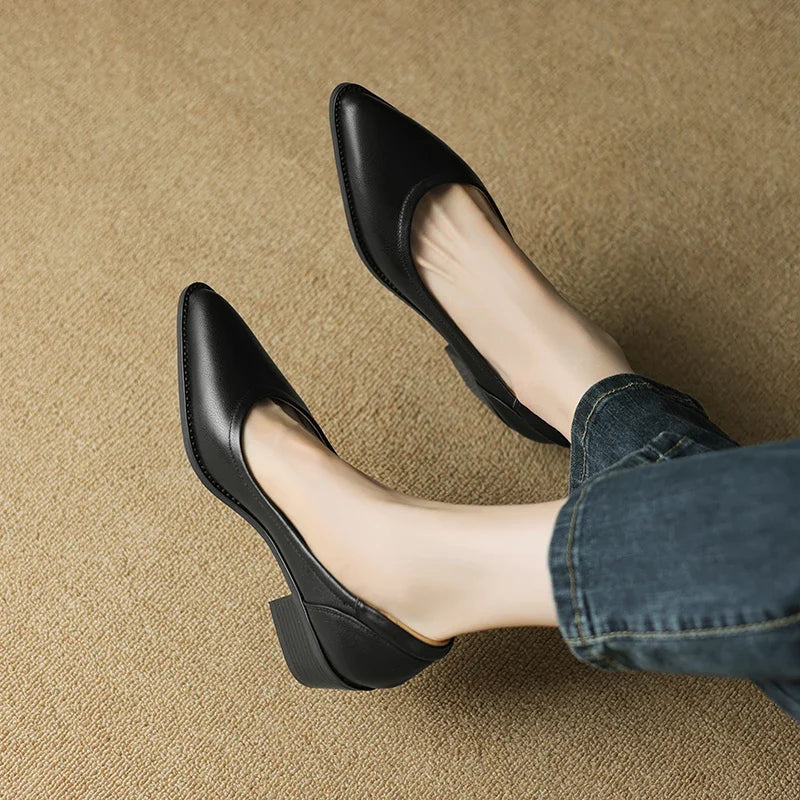 2026 New Spring Women Pumps Shallow Genuine Leather Med Heels Pointed Toe Summer Women Shoes Lady Shoes Leather Shoes