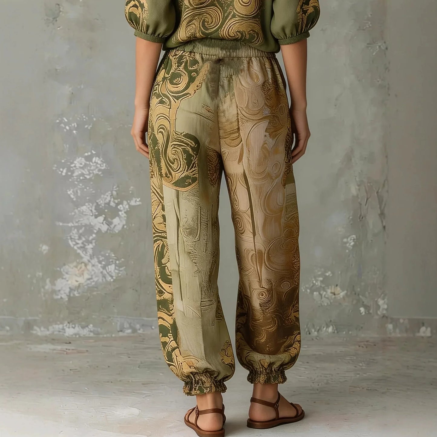Elegant Ethnic Swirl Pattern Two Piece Suit Ladies Mid Sleeve Shirts Drawstring Waist Harem Pants Bohemian Holiday Casual Set