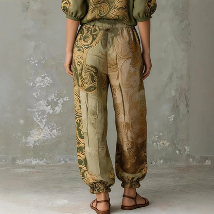 Elegant Ethnic Swirl Pattern Two Piece Suit Ladies Mid Sleeve Shirts Drawstring Waist Harem Pants Bohemian Holiday Casual Set