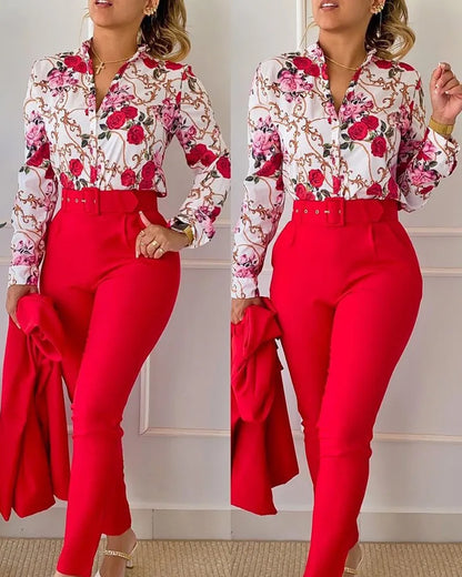 Women Shirt Pants Set Autumn Elegant Fashion V Neck Floral Print Long Sleeve High Waist Office Lady Casual Trousers Suits
