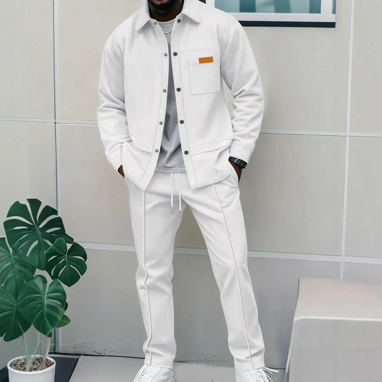 Spring and Autumn Men's High-Quality Waffle Pure Color Placket Pocket Jacket Set - A Stylish and Casual Two-Piece Outfit