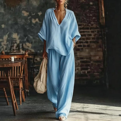 Fashion V Neck Short Sleeve Top Suit Women's Set Spring Summer Loose Blouse Top Wide Leg Trousers Female Vacation 2 Piece Set