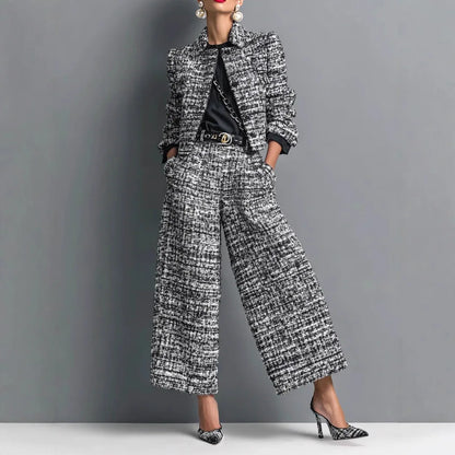 Fashionable Commuter Women's Suit Casual Solid Color Lapel Cardigan Short Jacket Paired With Loose Wide-leg Pants Two-piece Set