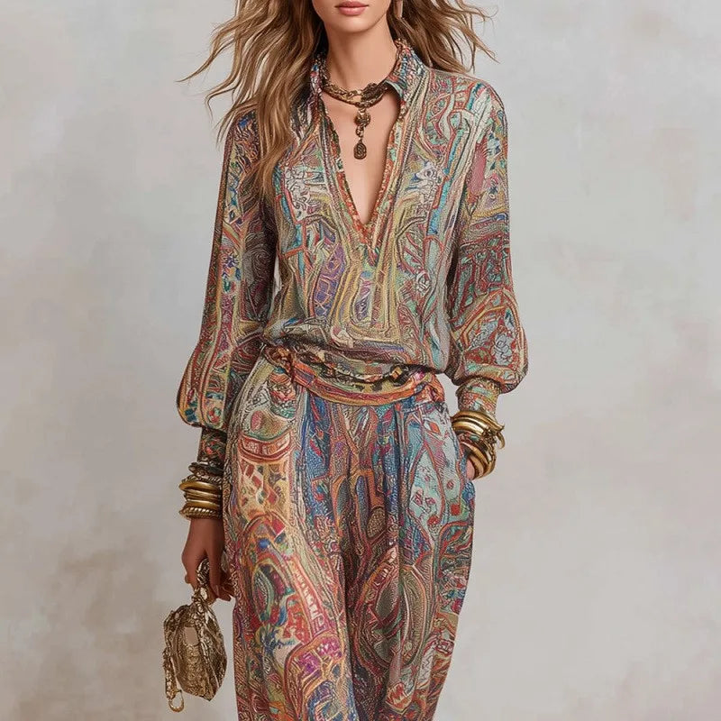 Retro Boho Printed 2 Piece Set for Women 2026 V Neck Top + Wide Leg Trousers Elegant Outfit Suit Casual Loose Suit Outfit