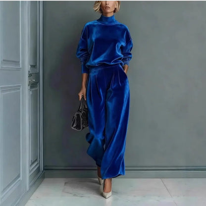Autumn Winter Fashion High Collar Gold Velvet Long Sleeve Women's Suit Casual Sports Wide Leg Trousers Female Office 2 Piece Set