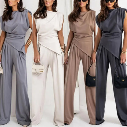 Summer Fashion Solid Two Piece Sets Women Elegant Slim Office Suit Casual Irregular Top And Wide Leg Pants 2 Piece Set Female