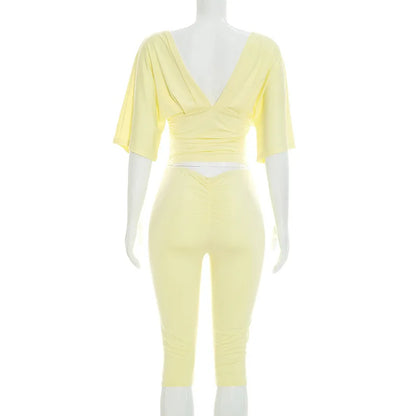 Women Sexy 2 Piece Pant Sets Summer Club Party Batwing Sleeve V Neck Crop Top Capri Pants Matching Set Beach Vacation Outfits