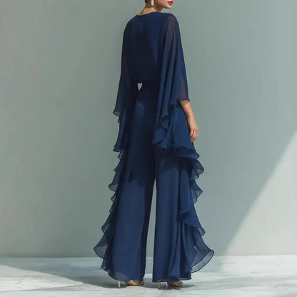 Women Top Pants Two-Piece Set Summer Loose Fit Casual Ruffle Bell Sleeve Shirt Solid Color Wide Legs Pants Trousers