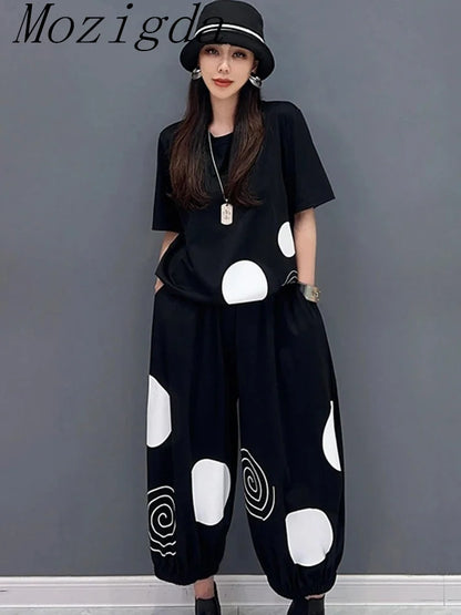 Polka Dot Striped Print 2 Two Piece Set Women Summer Casual Fashion Short Sleeve Ladies T-Shirts Loose Wide Leg Woman Pants