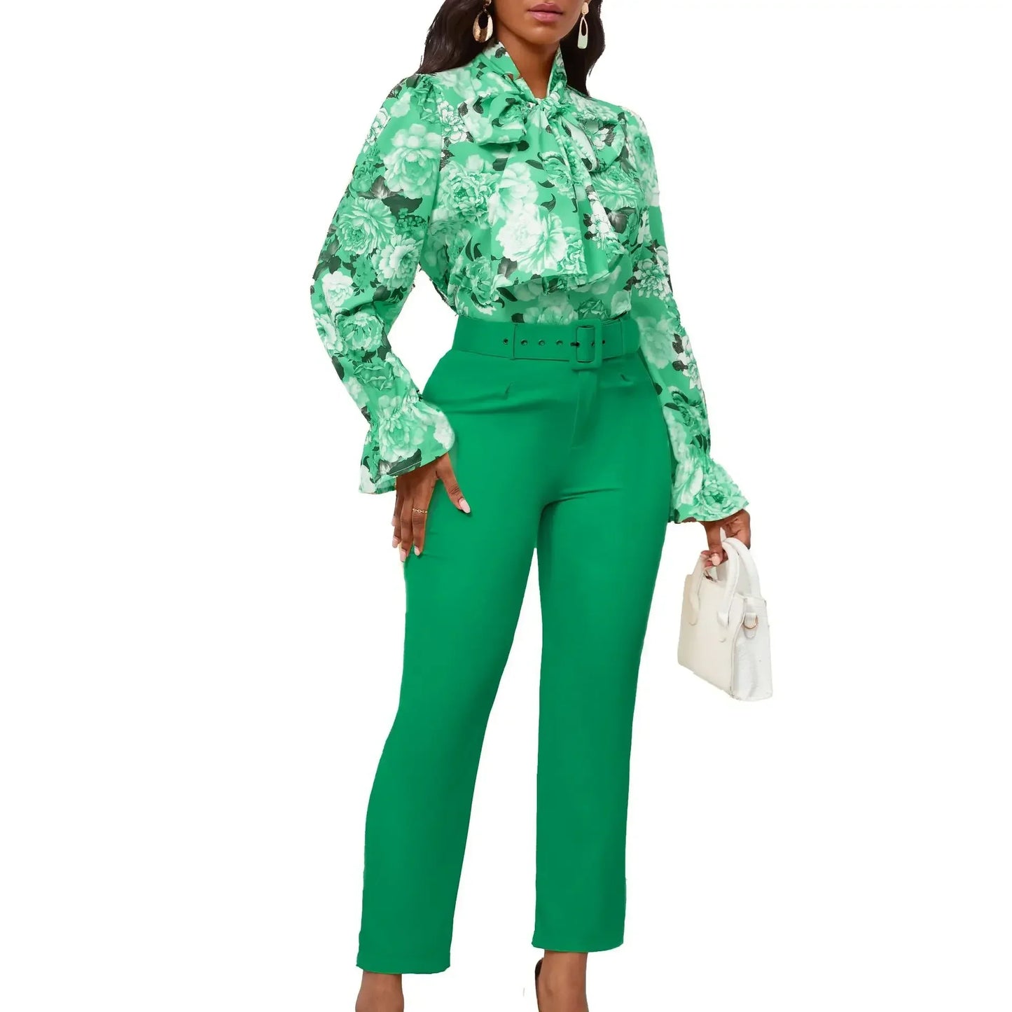 2 Piece Set  Clothes for Women Spring Clothing 2024 New Plus Size Outfit Print Shirt Pants Matching Sets With Belt