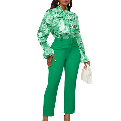 2 Piece Set  Clothes for Women Spring Clothing 2024 New Plus Size Outfit Print Shirt Pants Matching Sets With Belt
