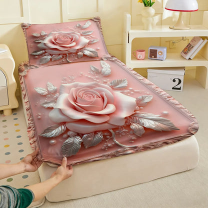 1pc 3D Embossed Pink Rose Print Fitted Sheet Deep Pocket Elastic