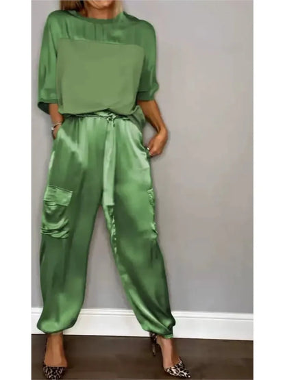 Women's Summer Fashion Solid Satin Two Piece Set Women O Neck Long Sleeved Top Long Pants Casual Loose 2 Piece Set Women Clothes