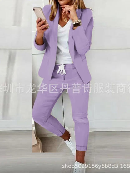 2 Piece Women's Autumn Winter Suit Fashion Slim Fit Lace-up Small Feet Trousers Women's Office Casual Solid Color Suit 2024