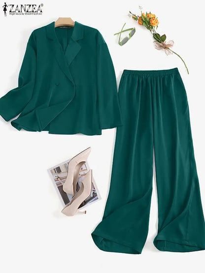 ZANZEA  2024 Fashion Women Loose Pants Sets Long Sleeve Shirts Wide Leg Pants Lady Casual Office Outfits Tracksuit Streetwears