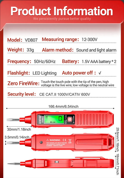 ANENG VD807 One-word Induction Portable 50/60Hz Smart Electric Pen Tester NCV Sensor AC 12-300V Non-contact Wire Detector Tools