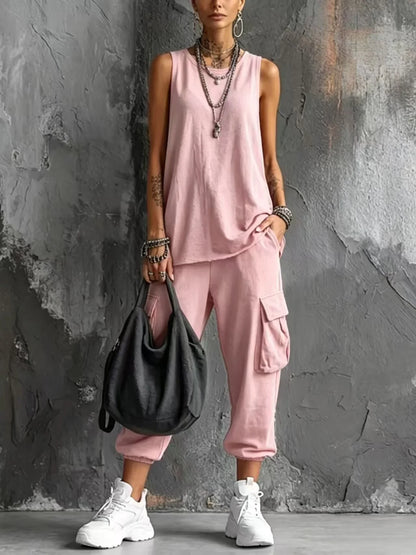 Solid Color Sports Two-piece Set Summer Fashion Sleeveless Top+wide Leg Pants Suit With Pockets Ladies O-neck Streetwear Outfit