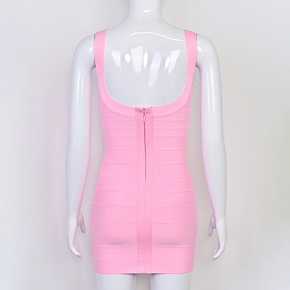 BEAUKEY New Trendy Pink Ginger Bandage Mini Party Dress Women Quality Sexy Bustier Backless Bodycon Dress Club Birthday Dress