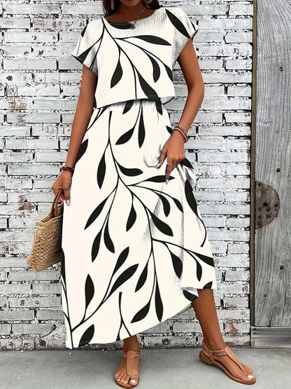 Plus Size Women's Black Leaf Print Short Sleeve Top + Maxi Skirt 2-Piece Set - Casual Daily Style (0XL-4XL)