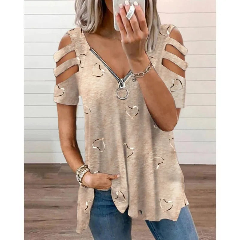 Plus Size V-Neck Zipper Print Sexy Hollow Short Sleeve Loose Casual T-Shirt Women's Tops