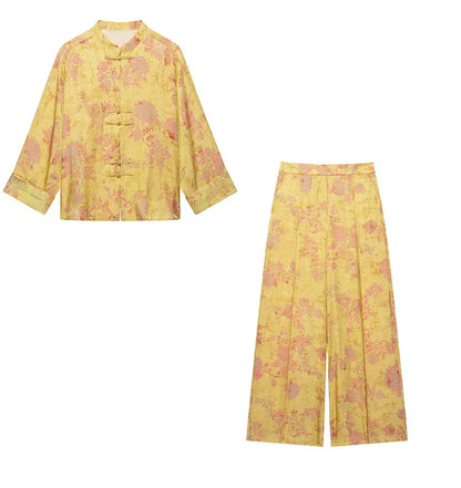 Women's Printed Pants Set Summer O-neck Long Sleeve Rope Knot Top High-waist Wide leg Pants Casual Fashion Female 2 Piece Sets
